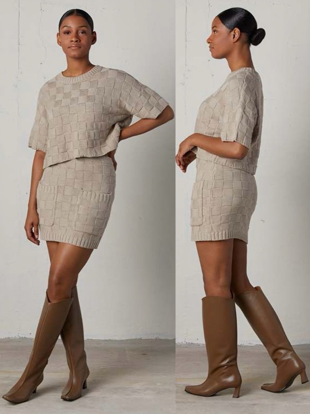 NWT STAUD โDunesโ Patch Pocket Basketweave Sweater Knit Skirt in โFrappeโ Size S